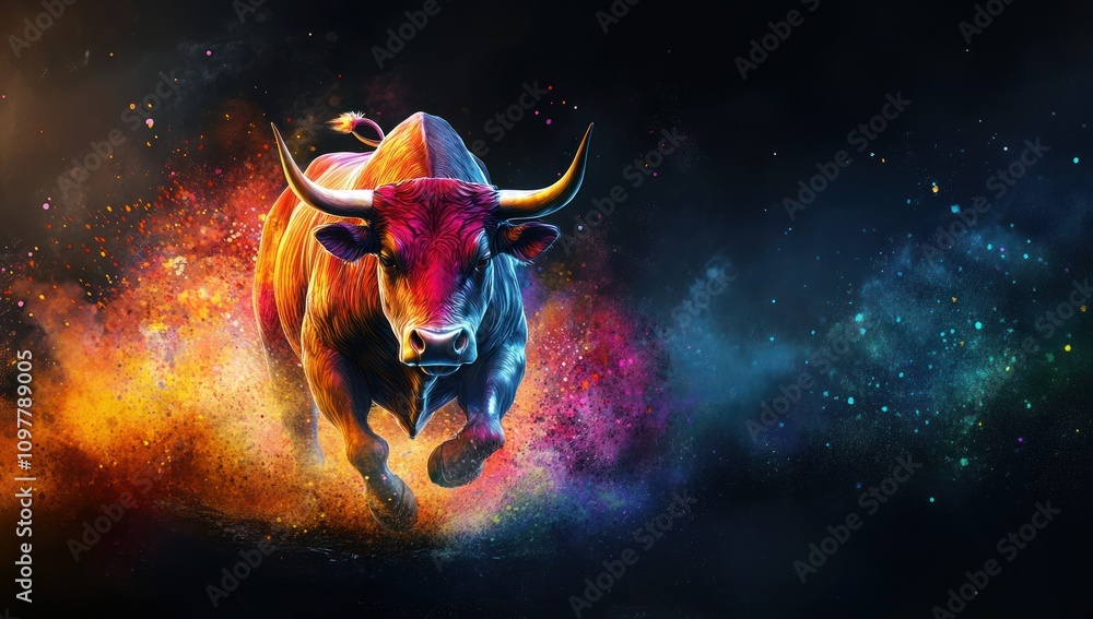 Fototapeta premium Powerful Bull Running Through Colorful Dust