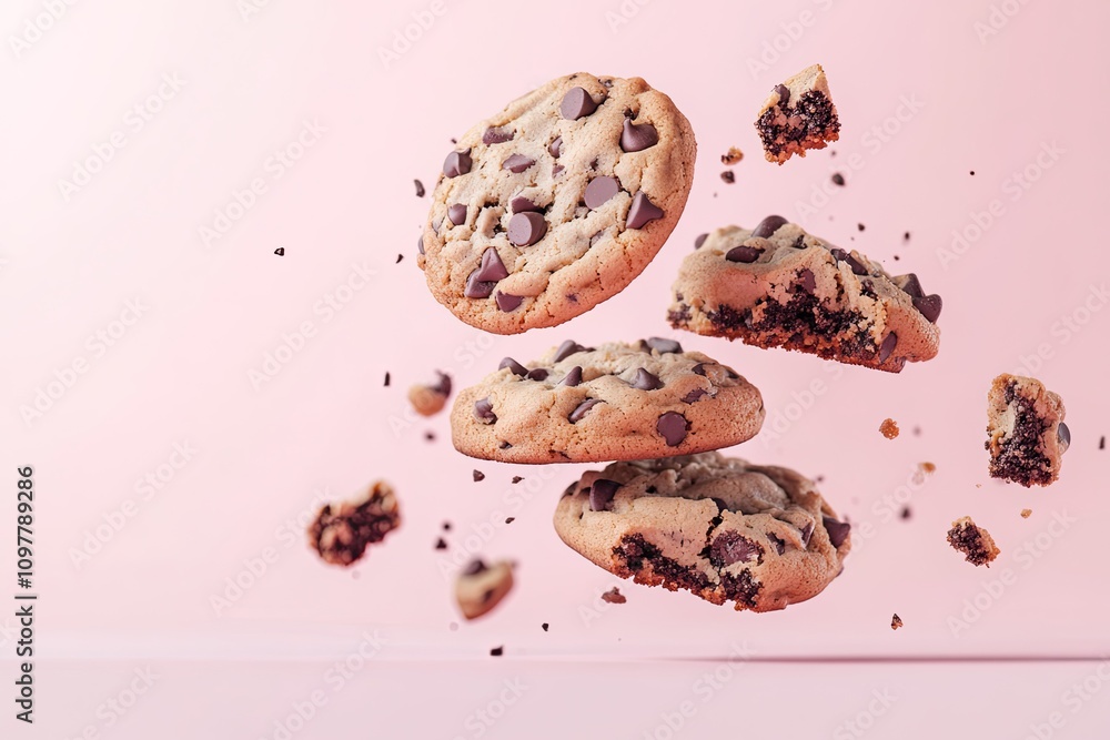 Chocolate chip cookies stacked and crumbling mid-air over a light pastel backdrop Chocolate chip cookies stacked and crumbling mid-air over a light pastel backdrop