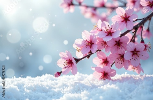 Winter blending with another season, half-snow, half-blooming cherry blossoms. Changing season, weather, climate concept photo