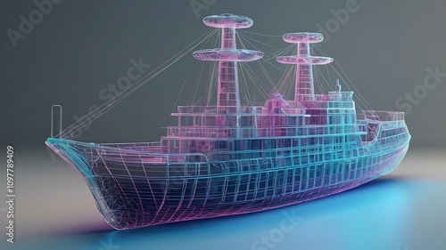 Ship Boat in Hologram Wireframe Style.