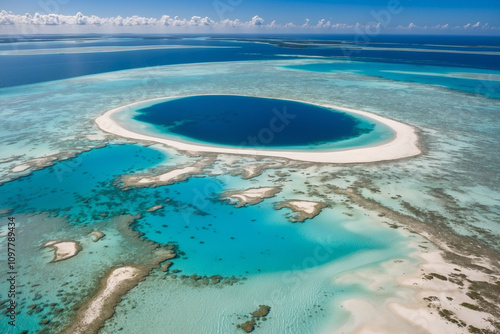 Aerial perspective of a lagoon; clear blue gradient water encircles a white sandy island, cloud reflections enhance the tranquil scene photo