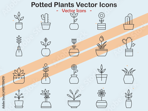 Icons representing various potted plants and gardening items in vector style