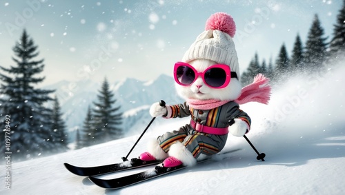 Cute Skiing Bunny in Vibrant Winter Scene photo