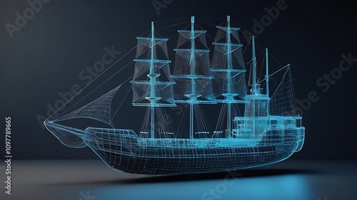 Ship Boat in Hologram Wireframe Style.