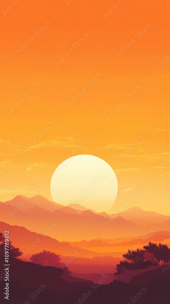 Fototapeta premium A vibrant sunset illuminates the mountains with warm orange and yellow hues, creating a serene atmosphere.