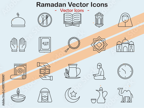 Icons depicting Ramadan and Islamic celebration themes in vector style
