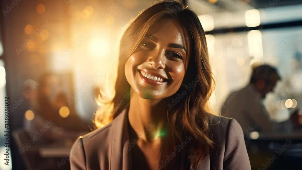 Confident Beauty Businesswoman Leader Smiling in Boardroom Meeting at Sunset Sunrise with Team in Background with Light Flare – Corporate Success and Leadership Concept Confident Beauty Businesswoman Leader Smiling in Boardroom Meeting at Sunset Sunrise with Team in Background with Light Flare – Corporate Success and Leadership Concept