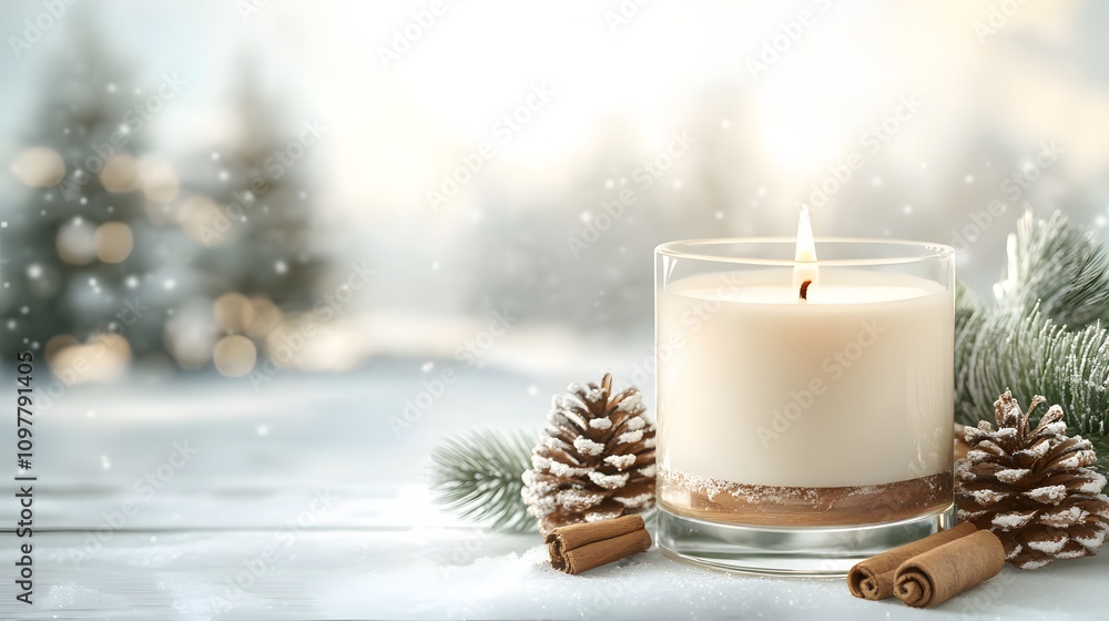 A holiday-themed candle surrounded by pine cones and cinnamon sticks, with a blurred winter landscape in the background. Empty space on the right for product showcasing. A holiday-themed candle surrounded by pine cones and cinnamon sticks, with a blurred winter landscape in the background. Empty space on the right for product showcasing.