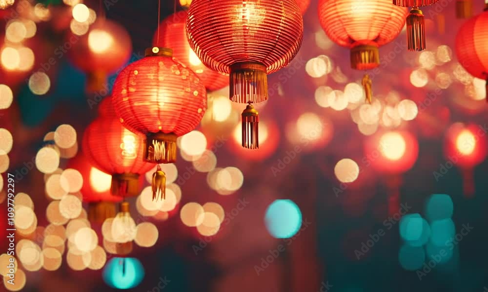 Illuminated Red Chinese Lanterns Hanging Amidst Festive Bokeh Lights Illuminated Red Chinese Lanterns Hanging Amidst Festive Bokeh Lights