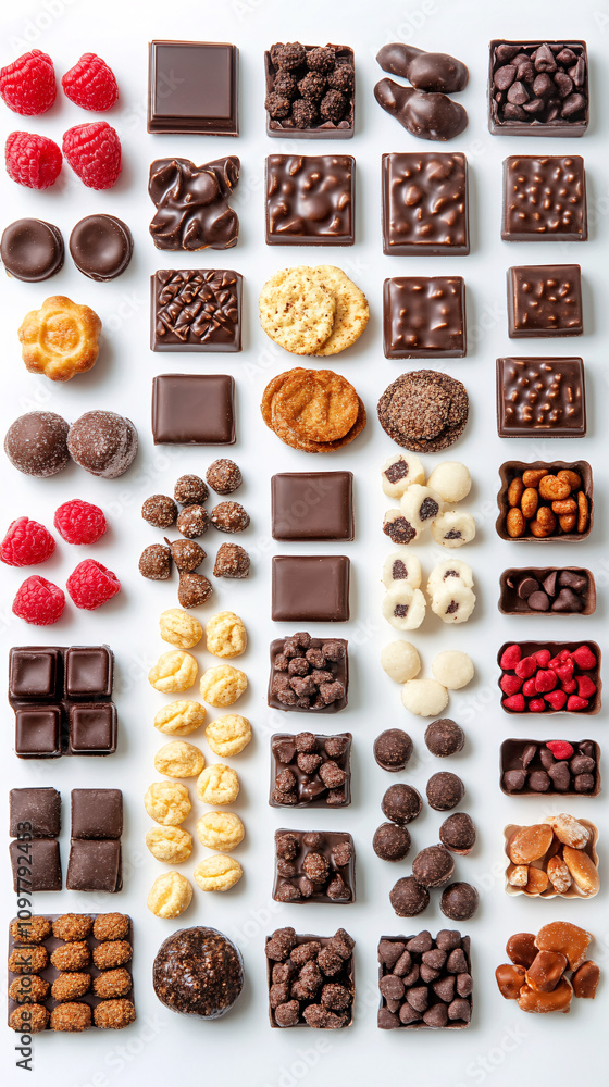 chocolate and candy flat lay composition with red and brown colors on white background chocolate and candy flat lay composition with red and brown colors on white background