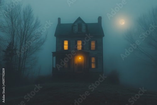 Spooky haunted house stands on a hill in the fog with lights on and full moon in the background