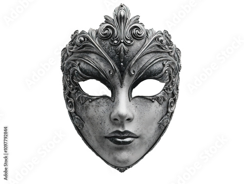 Black and white carnival mask with floral design on transparent background. photo