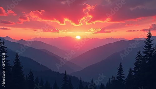 Beautiful sunset over snowy mountains