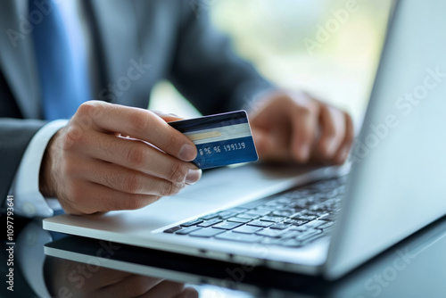 Businessman holding credit card and typing on laptop keyboard, making online payment