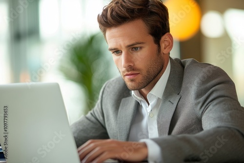 Young businessman concentrating while using laptop, working in bright modern office