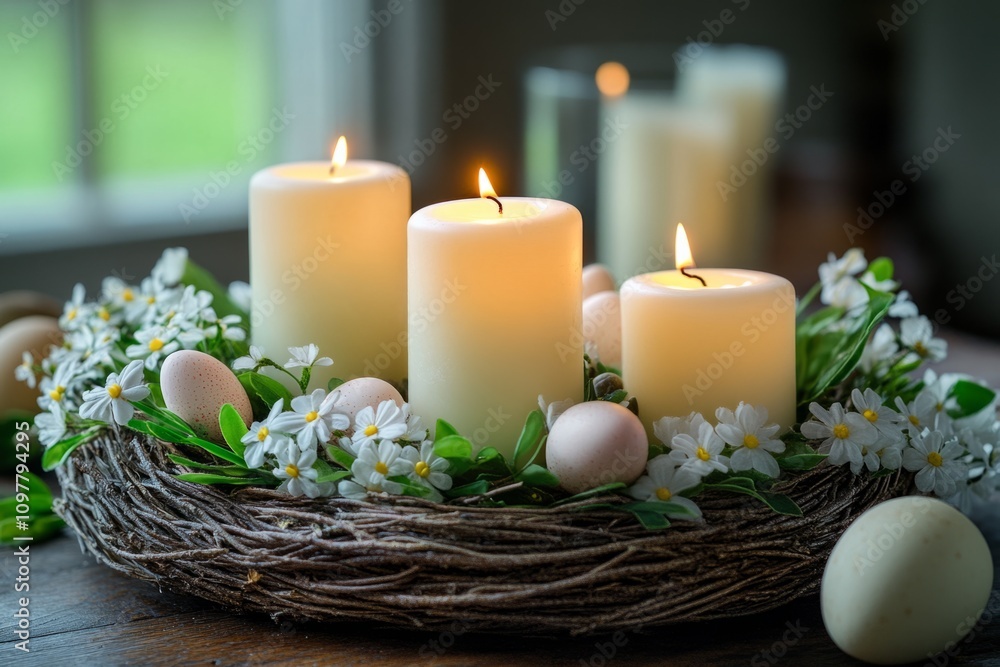 Easter centerpiece glowing with burning pillar candles nestled in a rustic twig wreath adorned with pastel eggs and delicate white flowers, creating a warm ambiance Easter centerpiece glowing with burning pillar candles nestled in a rustic twig wreath adorned with pastel eggs and delicate white flowers, creating a warm ambiance