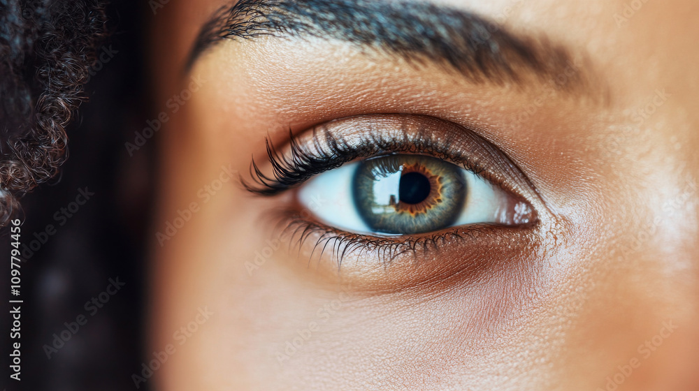 Obraz premium A close-up shot of a Black woman's eye, showing its natural beauty and unique features. There's space for text around the eye.