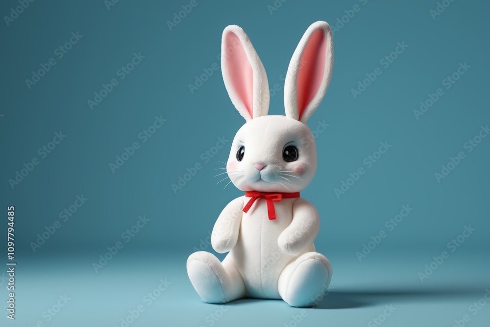 there is a white rabbit with a red bow sitting on a blue surface there is a white rabbit with a red bow sitting on a blue surface