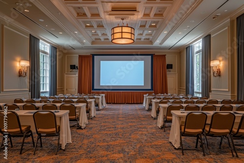 Empty conference room setup for a presentation, featuring rows of tables, chairs, and a large projector screen