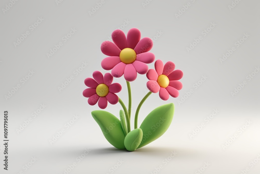 Fototapeta premium there is a small pink flower with green leaves on a white surface