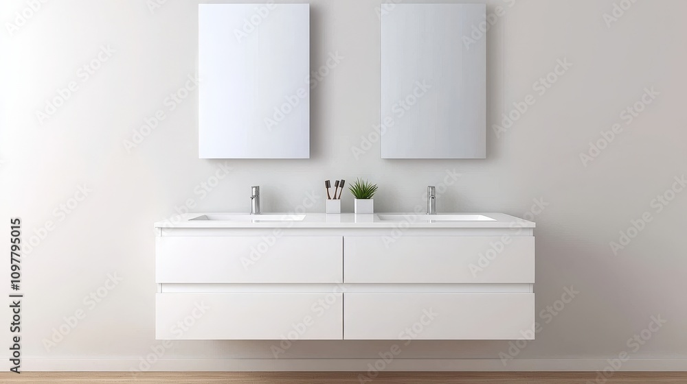 Modern Bathroom Interior Design Double Vanity White Cabinets Mirrors Plants Modern Bathroom Interior Design Double Vanity White Cabinets Mirrors Plants