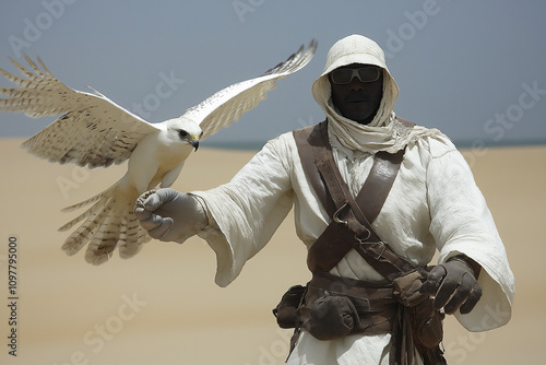 Falconer with falcon in desert