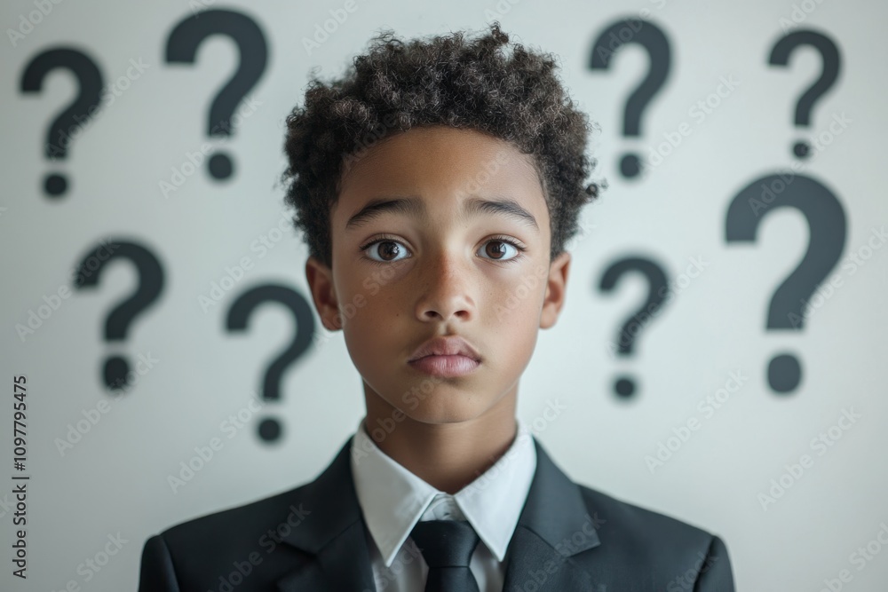 Portrait of a pensive young executive with many questions marks on the background