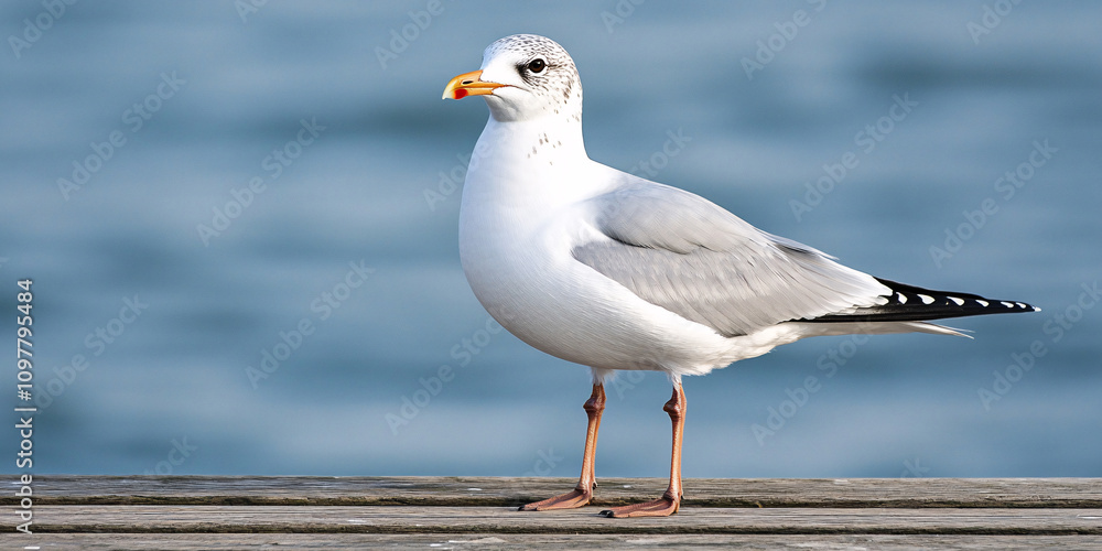 Fototapeta premium Seagull bird or seabird standing feet on sea beach. Close up view of white gray bird seagull in sea rock. Wild seagull portrait on natural blue sky background. Sea gull bird animal closeup