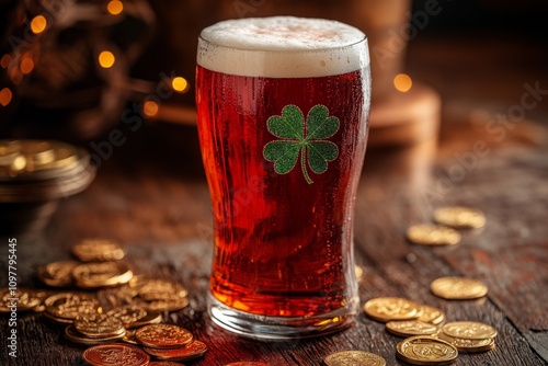 Glass of red beer with shamrock for saint patrick's day celebration with gold coins and festive lights photo