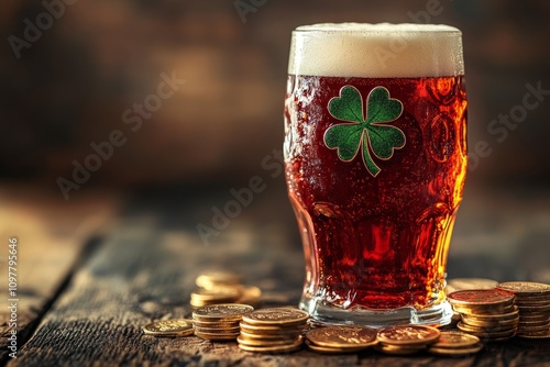 Glass of cold beer with shamrock for saint patrick's day with gold coins on wooden table photo