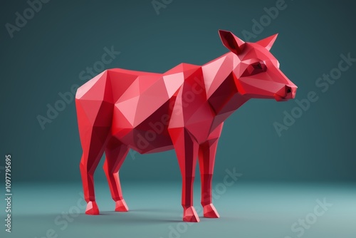 a close up of a red cow standing on a blue surface photo