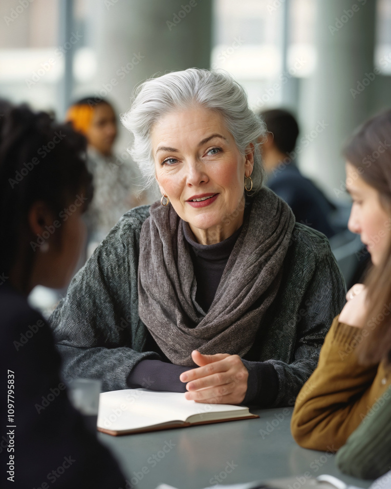 Fototapeta premium Elegant elder professor inspiring students in a modern classroom setting, older woman teacher in classroom with children