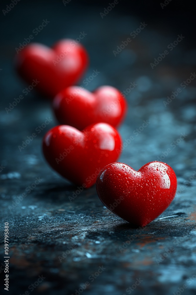 Red wet hearts following each other on dark background representing love Red wet hearts following each other on dark background representing love