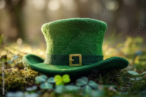 Green leprechaun hat lying on a patch of clover and moss in a magical forest with warm sunlight photo