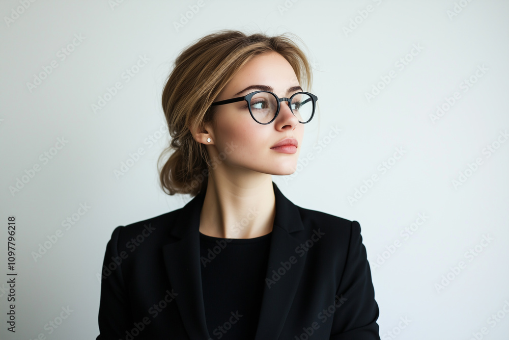 confident businesswoman in glasses gazes thoughtfully to side, wearing black blazer against white background, embodying professional and modern style confident businesswoman in glasses gazes thoughtfully to side, wearing black blazer against white background, embodying professional and modern style