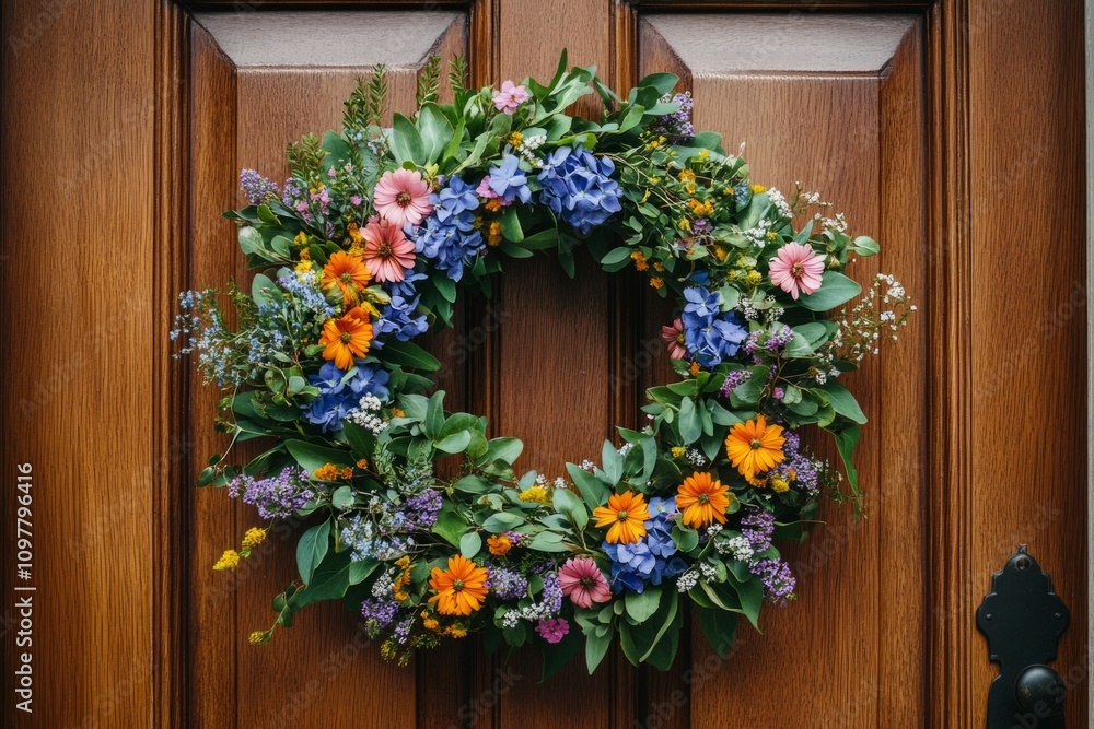 Vibrant and colorful flower wreath hanging on a wooden front door, creating a welcoming atmosphere Vibrant and colorful flower wreath hanging on a wooden front door, creating a welcoming atmosphere