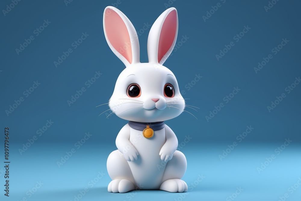 there is a white rabbit with a collar and a gold medal there is a white rabbit with a collar and a gold medal