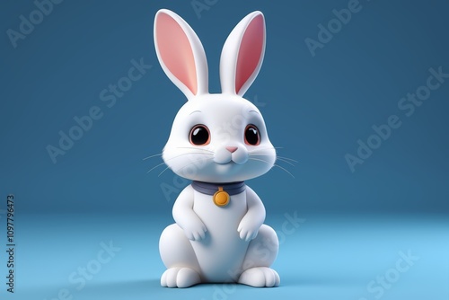 there is a white rabbit with a collar and a gold medal