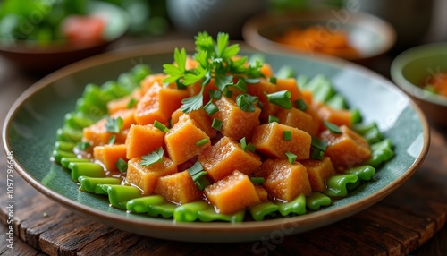 Freshly sliced orange carrots on a plate with green beans and fresh parsley garnish, ready to be