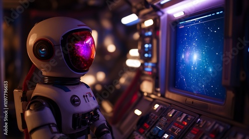 Astronaut robot in spaceship control room, viewing galaxy on monitor.