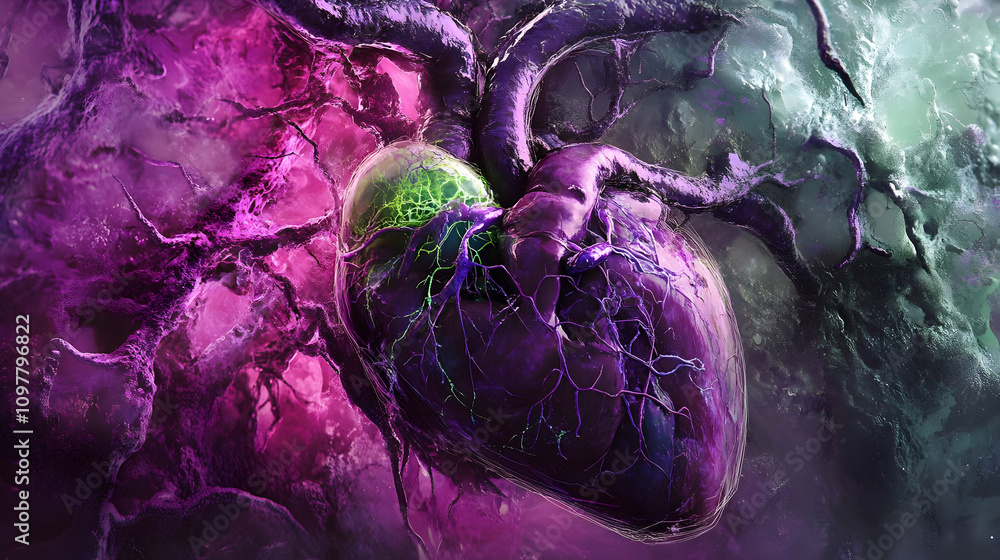 Obraz premium An artistic representation of a glowing heart in purple and pink tones, surrounded by green vascular structures, emphasizing the heart's biological intricacy.