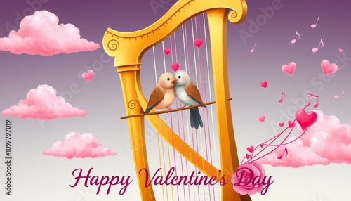 Valentine's Day Musical Romance. Two birds perch on a golden harp amidst pink clouds, hearts, and musical notes, creating a whimsical Valentine's Day scene. photo