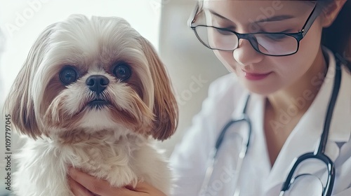 A young Asian female veterinarian in glasses caring for a small Shih Tzu dog in a bright, welcoming clinic.