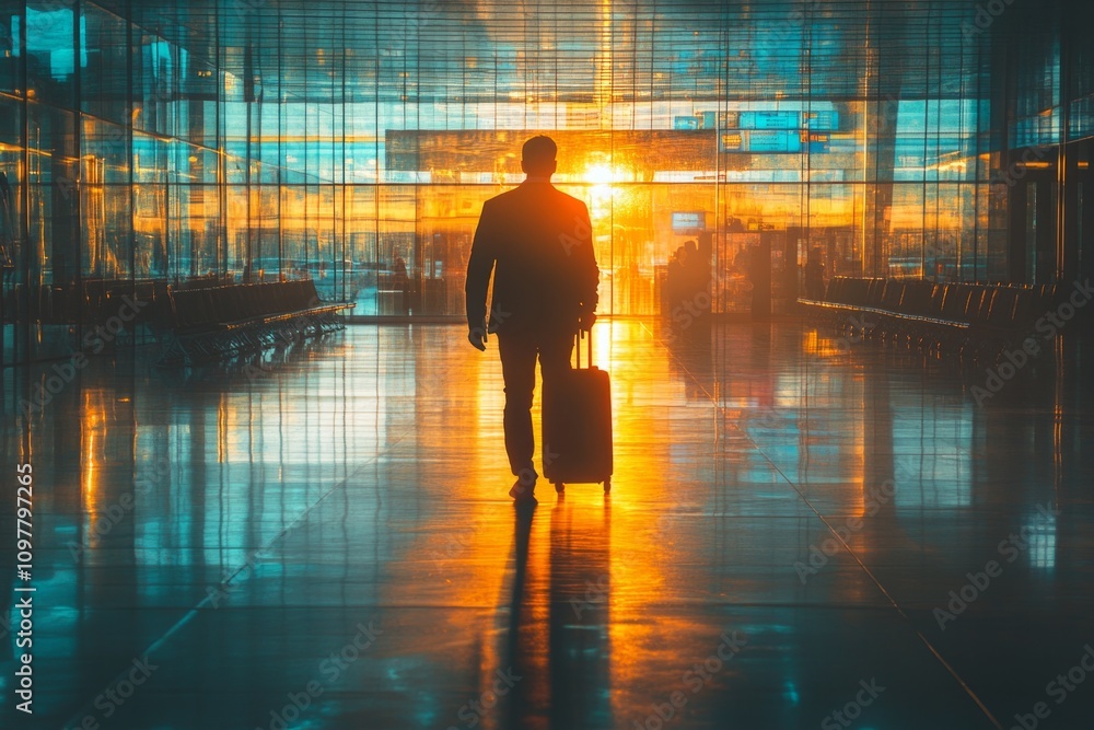 Businessman is walking in airport terminal with trolley luggage at sunset Businessman is walking in airport terminal with trolley luggage at sunset