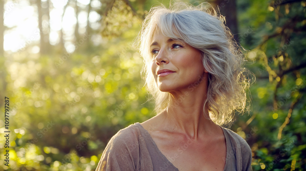 Mature woman embracing healthy aging in nature’s tranquility, older lady being graceful Mature woman embracing healthy aging in nature’s tranquility, older lady being graceful