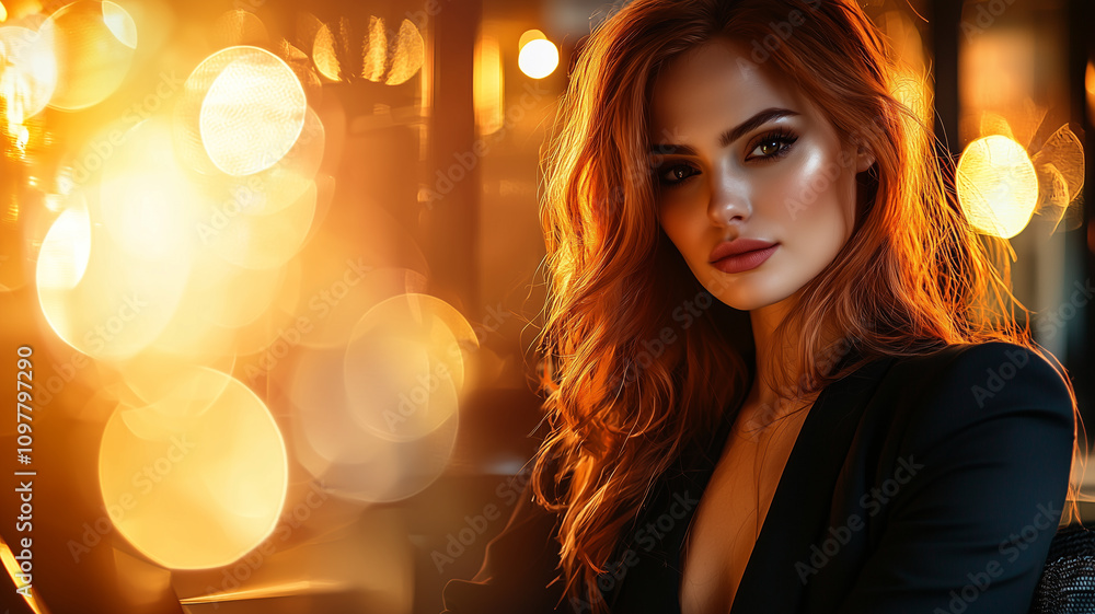 confident woman with red hair poses in dimly lit setting, surrounded by warm bokeh lights, creating glamorous and sophisticated atmosphere confident woman with red hair poses in dimly lit setting, surrounded by warm bokeh lights, creating glamorous and sophisticated atmosphere