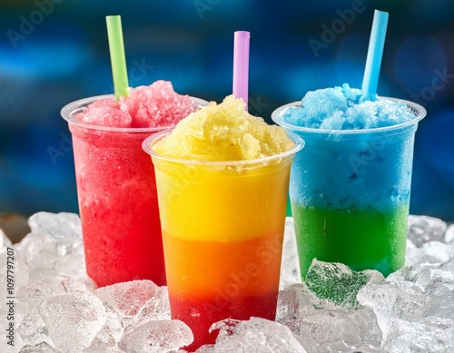 Frozen Rainbow Slush Drinks Chilling on Ice