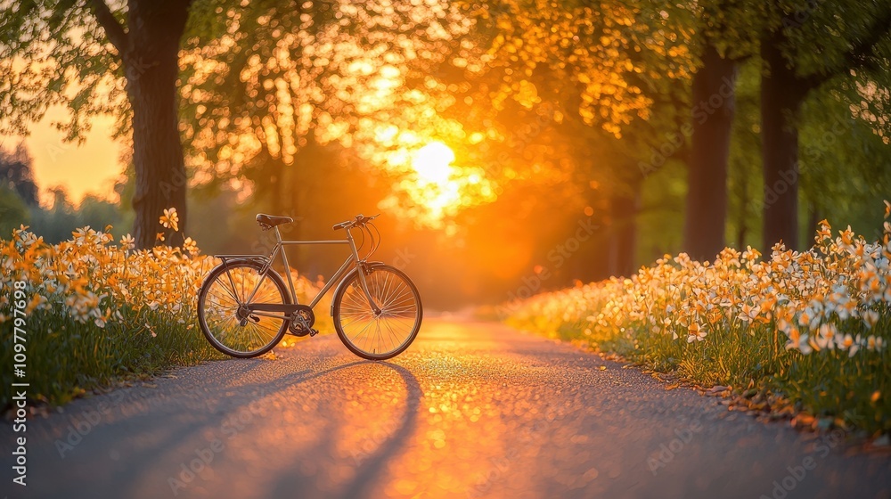 Fototapeta premium Sunset Bicycle Ride Serene Spring Evening Cycling Scene