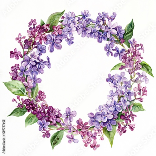 Watercolor Lilac Wreath Frame, Spring Floral Border, Purple Flowers