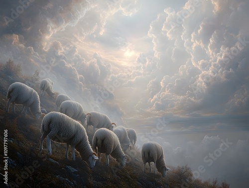 A serene landscape featuring sheep grazing under dramatic clouds and soft light. photo